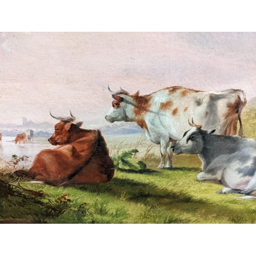 420 - After T S Cooper - rural scene with cattle, oil on canvas, bears a signature, 36cm x 45cm framed Loc... 