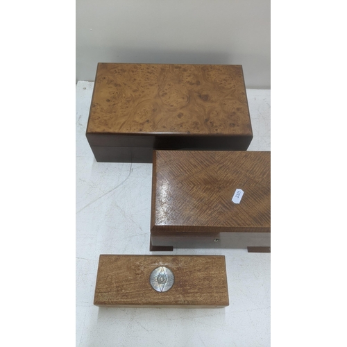 383 - A burr walnut humidor, along with one other with a brass and wooden telescope in a wooden box Locati... 