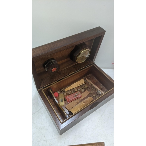 383 - A burr walnut humidor, along with one other with a brass and wooden telescope in a wooden box Locati... 