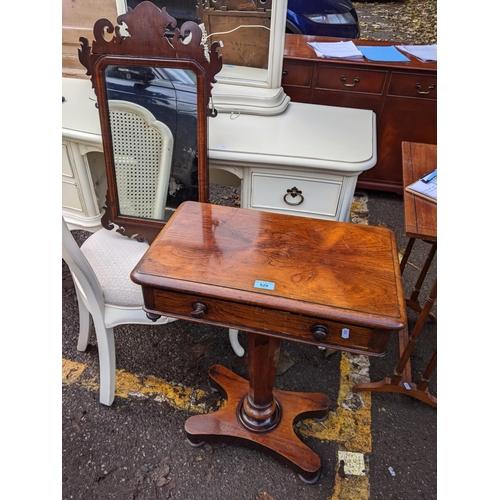 529 - Am 18th century mahogany framed mirror with fretwork ornament, 67cm h x 39cm w and a rosewood table ... 