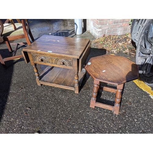 537 - A 1930's oak octagonal occasional table, 42cm h x 41cm w and a similar oak table with fall flaps and... 