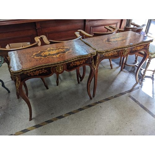 572 - A pair of reproduction Louis XV style inlaid card tables with brass mounts, on cabriole legs, 77cm h... 