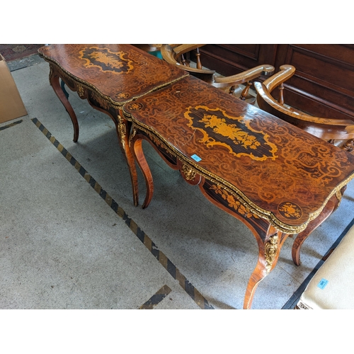 572 - A pair of reproduction Louis XV style inlaid card tables with brass mounts, on cabriole legs, 77cm h... 