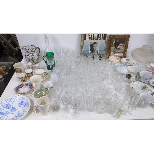 482 - A mixed lot to include Imari plates, crystal cut glasses, Royal Crown Derby mugs, a boxed jadeite se... 