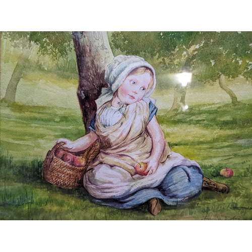 454 - Francis W Blanford - study of a young girl seated by a tree with a basket of apples, watercolour sig... 