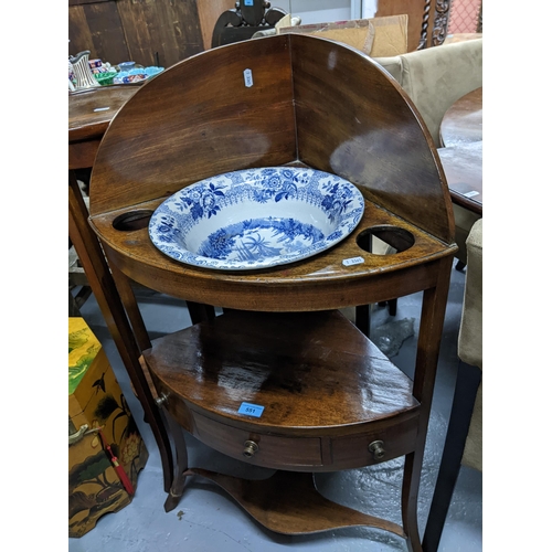 551 - A 19th century three tier wash stand with a Victorian blue and white pottery wash bowl, single drawe... 