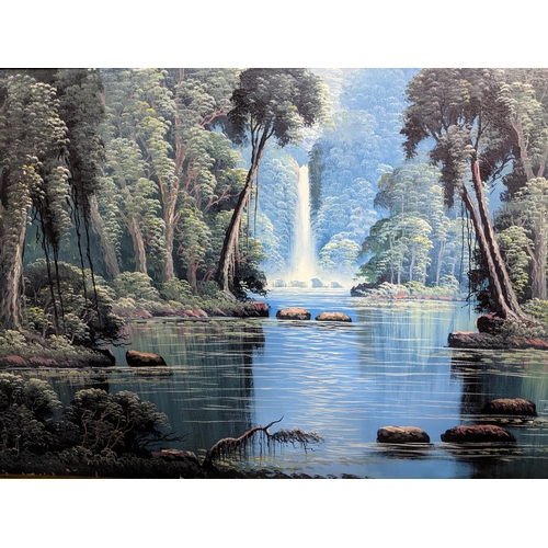 562 - A Waterfall, Bali, Indonesia - river landscape with trees, waterfall and moulders in the water, oil ... 