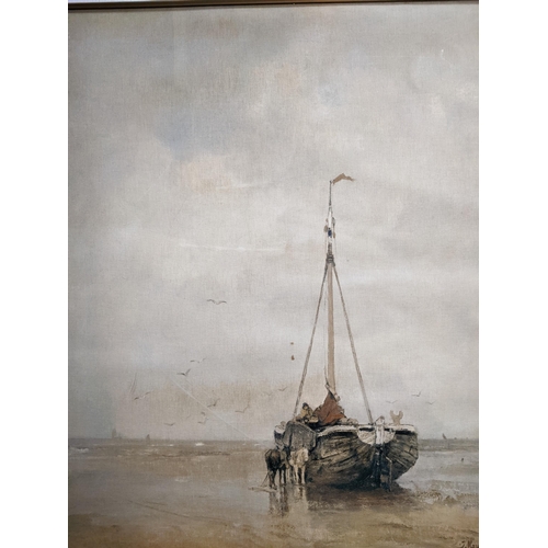 563 - After J. Maus - The Lee Shore, Holland - beached fishing boat with two horses alongside, in a coasta... 