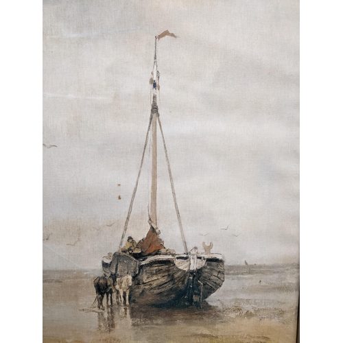 563 - After J. Maus - The Lee Shore, Holland - beached fishing boat with two horses alongside, in a coasta... 