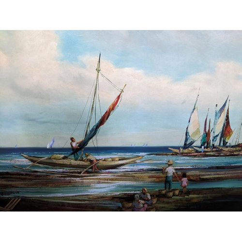 568 - The Beach, Bali, fishing boats beached, in an extensive costal scene and a jetty to the left, indist... 