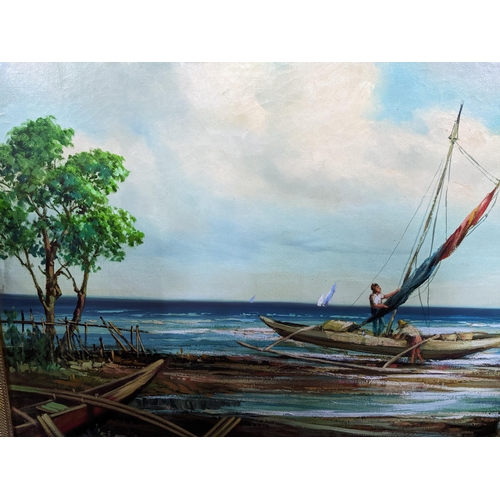 568 - The Beach, Bali, fishing boats beached, in an extensive costal scene and a jetty to the left, indist... 