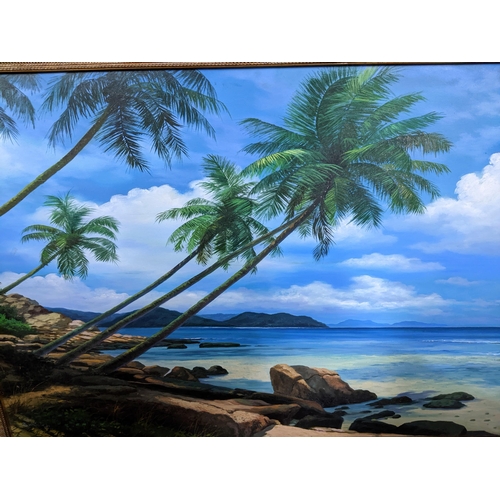 587 - Sonic Q'07 - an Indonesian coastal beach scene with palm trees and boulders to the foreground, oil o... 