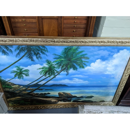 587 - Sonic Q'07 - an Indonesian coastal beach scene with palm trees and boulders to the foreground, oil o... 