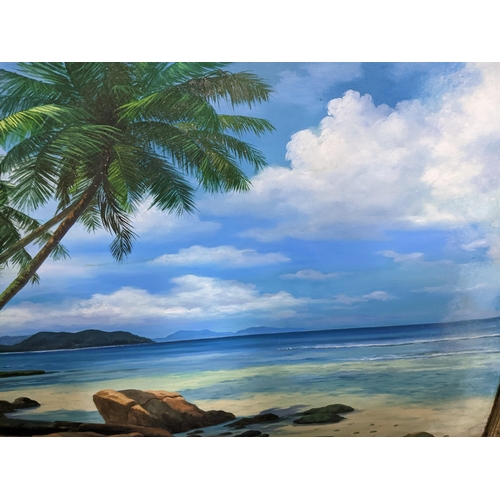 587 - Sonic Q'07 - an Indonesian coastal beach scene with palm trees and boulders to the foreground, oil o... 