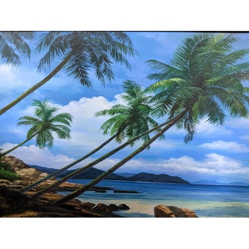 587 - Sonic Q'07 - an Indonesian coastal beach scene with palm trees and boulders to the foreground, oil o... 