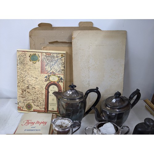 471 - A mixed lot to include a silver plated teaset, hip flask, microscope, model cars, Lucas bulb, pictur... 