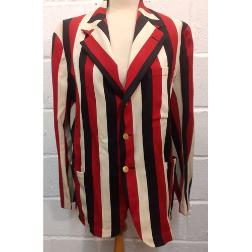 129 - A vintage Bainbridges of Newcastle gents striped blazer in cream, navy and crimson having brass butt... 