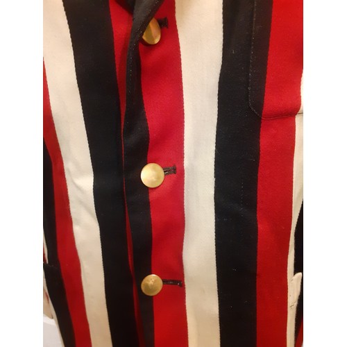 129 - A vintage Bainbridges of Newcastle gents striped blazer in cream, navy and crimson having brass butt... 