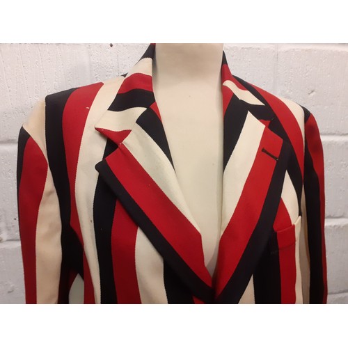 129 - A vintage Bainbridges of Newcastle gents striped blazer in cream, navy and crimson having brass butt... 