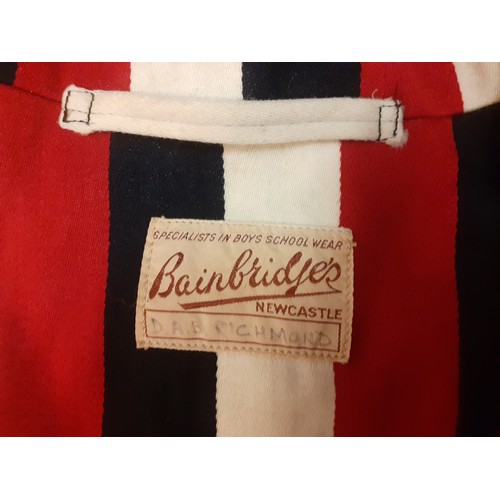 129 - A vintage Bainbridges of Newcastle gents striped blazer in cream, navy and crimson having brass butt... 