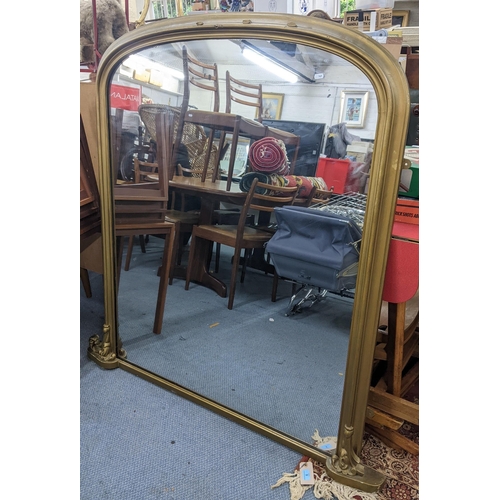 199 - A Victorian gilt overmantel mirror with scroll work moulding, and a glass ceiling chandelier. 132cm ... 