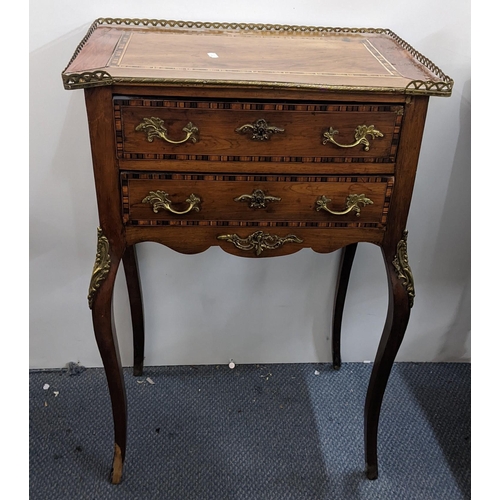 207 - A 19th century French side table having a pierced gallery top, mixed veneer and two drawers with gil... 