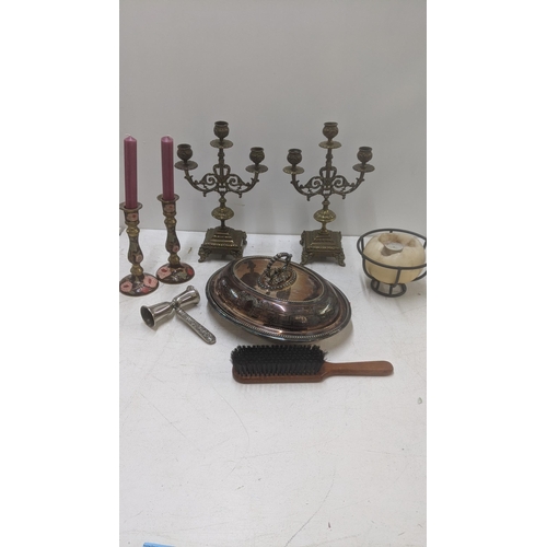 268 - A mixed lot to include a pair of mid 20th century three branch candelabras together with a pair of b... 