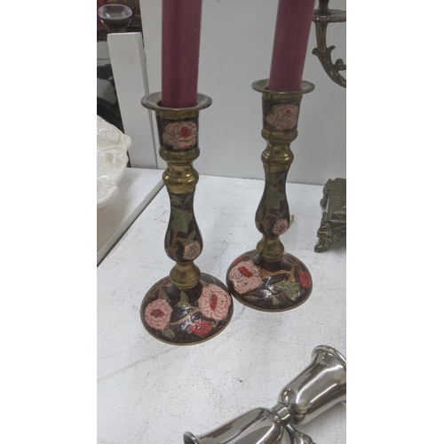 268 - A mixed lot to include a pair of mid 20th century three branch candelabras together with a pair of b... 