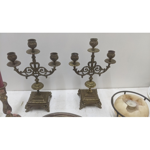 268 - A mixed lot to include a pair of mid 20th century three branch candelabras together with a pair of b... 