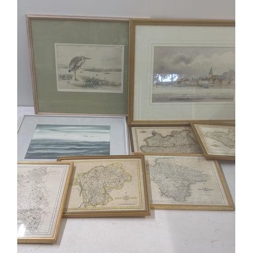 291 - Five framed and glazed maps to include a Buckinghamshire example, together with three framed waterco... 