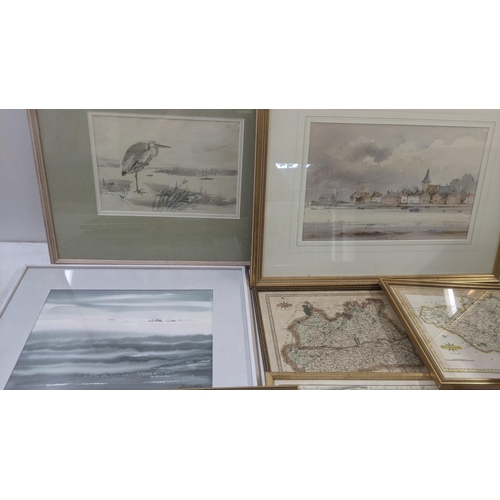 291 - Five framed and glazed maps to include a Buckinghamshire example, together with three framed waterco... 