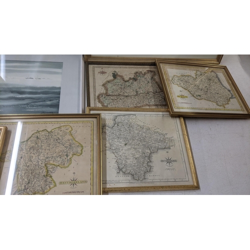 291 - Five framed and glazed maps to include a Buckinghamshire example, together with three framed waterco... 