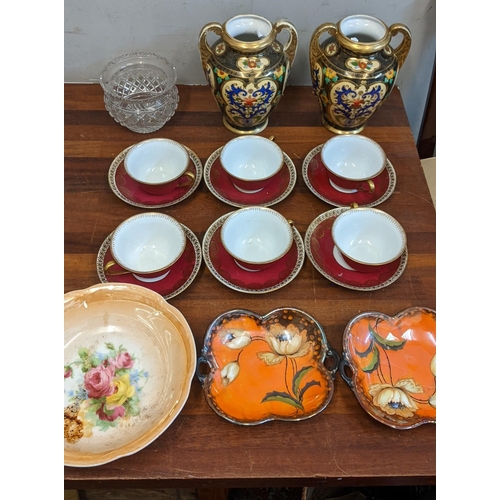 231 - A collection of ceramics and glassware to include a pair of Japanese Noritake vases, Oepiag Royal cu... 