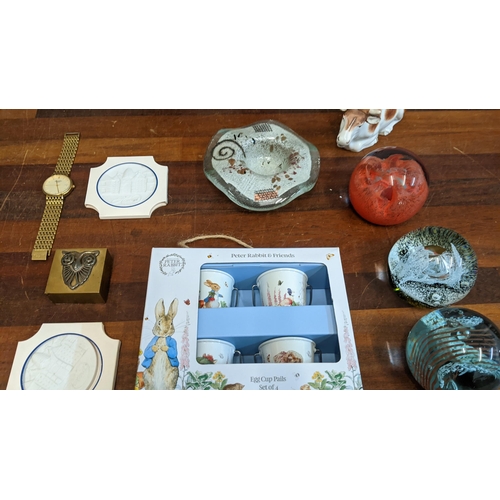 237 - A mixed lot to include three Caithness paperweights, two boxed Herend miniature wall plaques, a stai... 