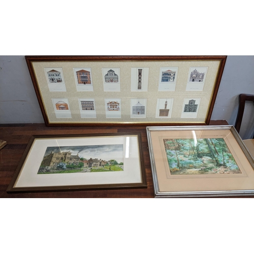 238 - Framed pictures to include a coastal scene by M.E. Airey, a watercolour depicting a hilltop vista, s... 