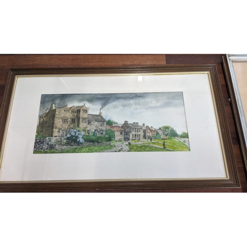 238 - Framed pictures to include a coastal scene by M.E. Airey, a watercolour depicting a hilltop vista, s... 