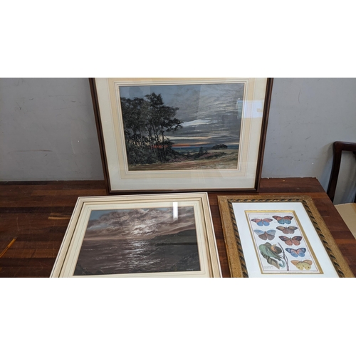 238 - Framed pictures to include a coastal scene by M.E. Airey, a watercolour depicting a hilltop vista, s... 