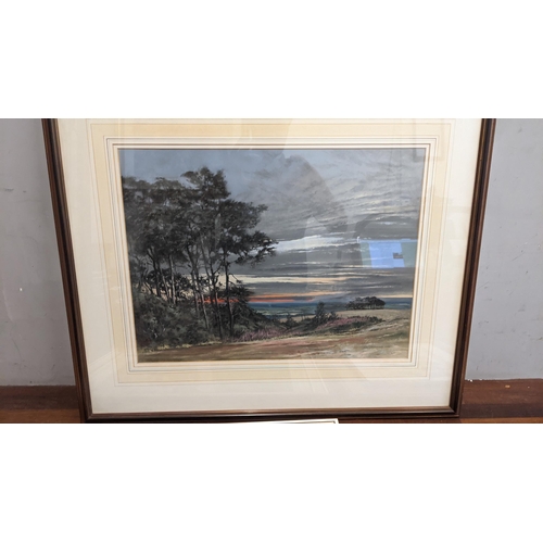 238 - Framed pictures to include a coastal scene by M.E. Airey, a watercolour depicting a hilltop vista, s... 