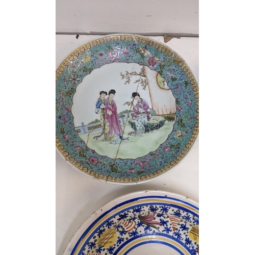 244 - Ceramics to include a late 19th century Chinese export plate, a Chinese famile rose charger, a conti... 