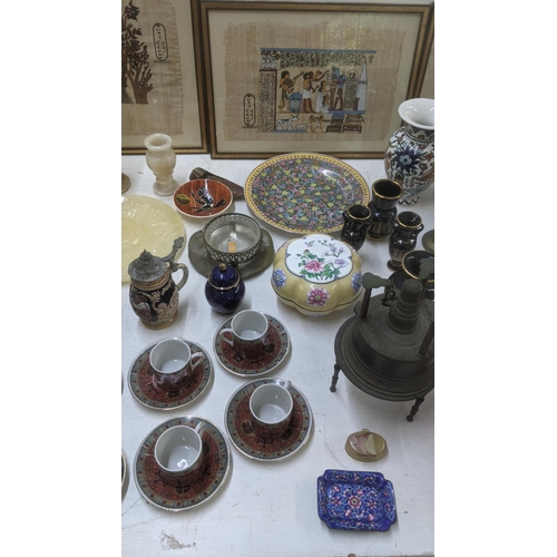 280 - A mixed lot to include three Egyptian style pictures, an enamel box with floral decoration, a pin di... 