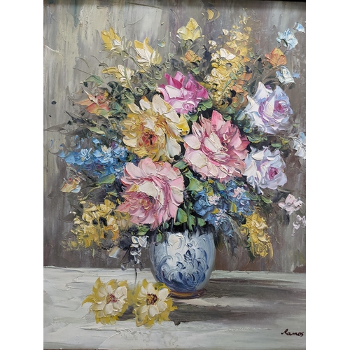 296 - Sintos - Two still life flower paintings - Sunflowers, still life arrangement in a vase, oil on boar... 