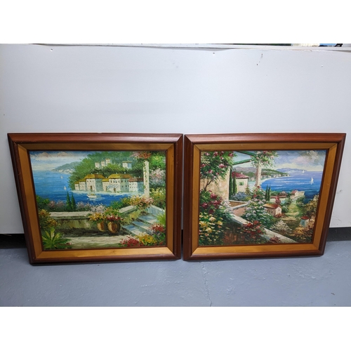 297 - Manalch - a pair of French city coastal scenes depicting floral courtyard gardens, town houses and s... 