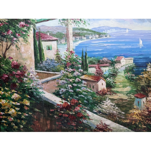 297 - Manalch - a pair of French city coastal scenes depicting floral courtyard gardens, town houses and s... 