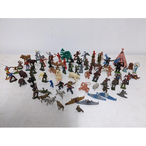 305 - A group of Briltens crescent and Lone Star hollow lead cast and plastic figures including soldiers, ... 