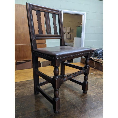 309 - 1930s oak refectory table with carved columns on block legs 77x183x86cmx, together with a set of fiv... 