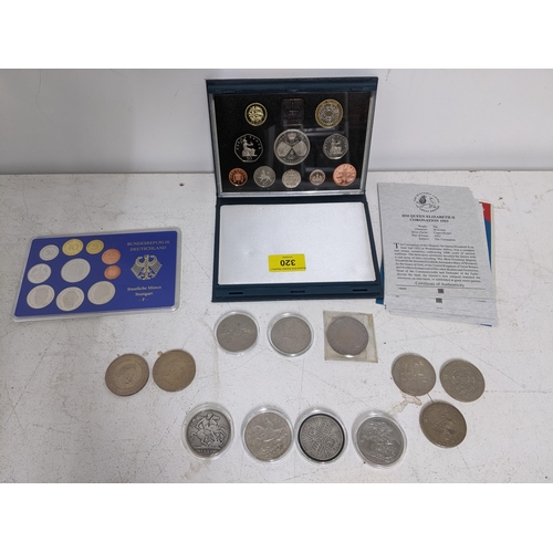 320 - Coins to include a group of Victorian and later crowns, 1887 and 189 crowns, a 1997 coin set, variou... 