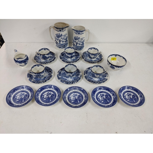 347 - A small lot of blue and white china comprising of two jugs, six plates, six saucers, six cups, five ... 