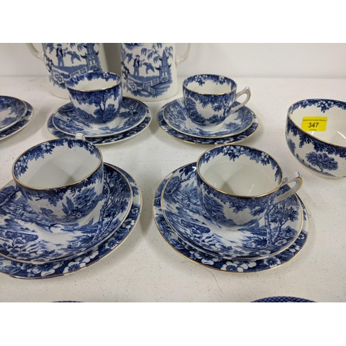 347 - A small lot of blue and white china comprising of two jugs, six plates, six saucers, six cups, five ... 