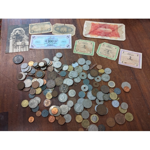 367 - Coins and banknotes to include a cartwheel penny, Italian war banknotes, Jersey and foreign coins
Lo... 