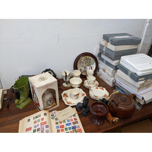 369 - Wedgwood and other picture plates, Bells whisky, stamp album, Bell and Howell cine camera and other ... 